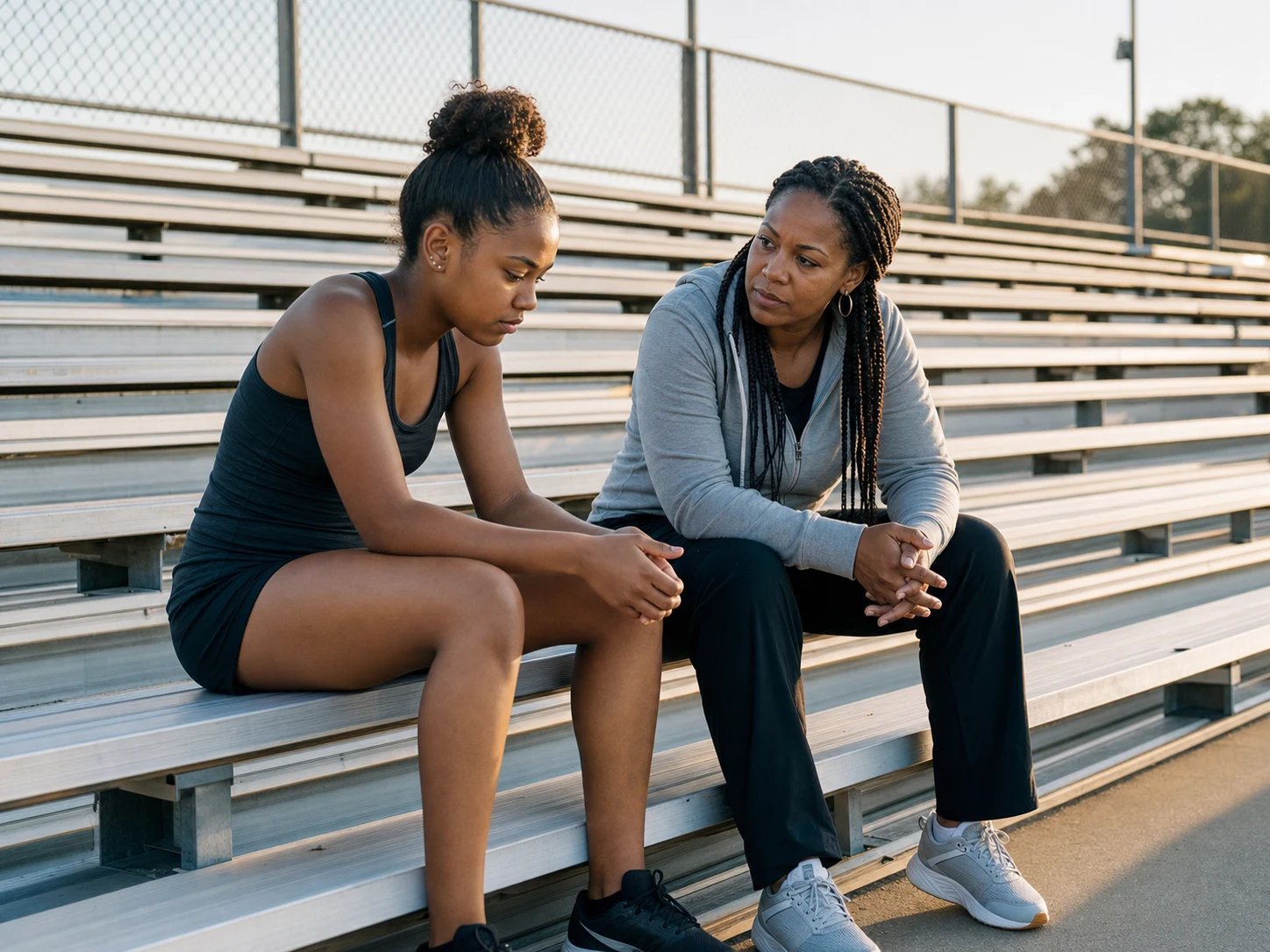 A track coach sitting beside a young athlete and listening with steady attention