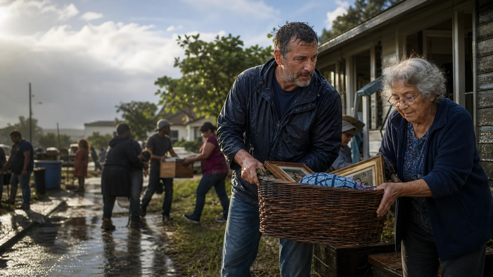 Neighbors helping an older woman recover belongings after a storm