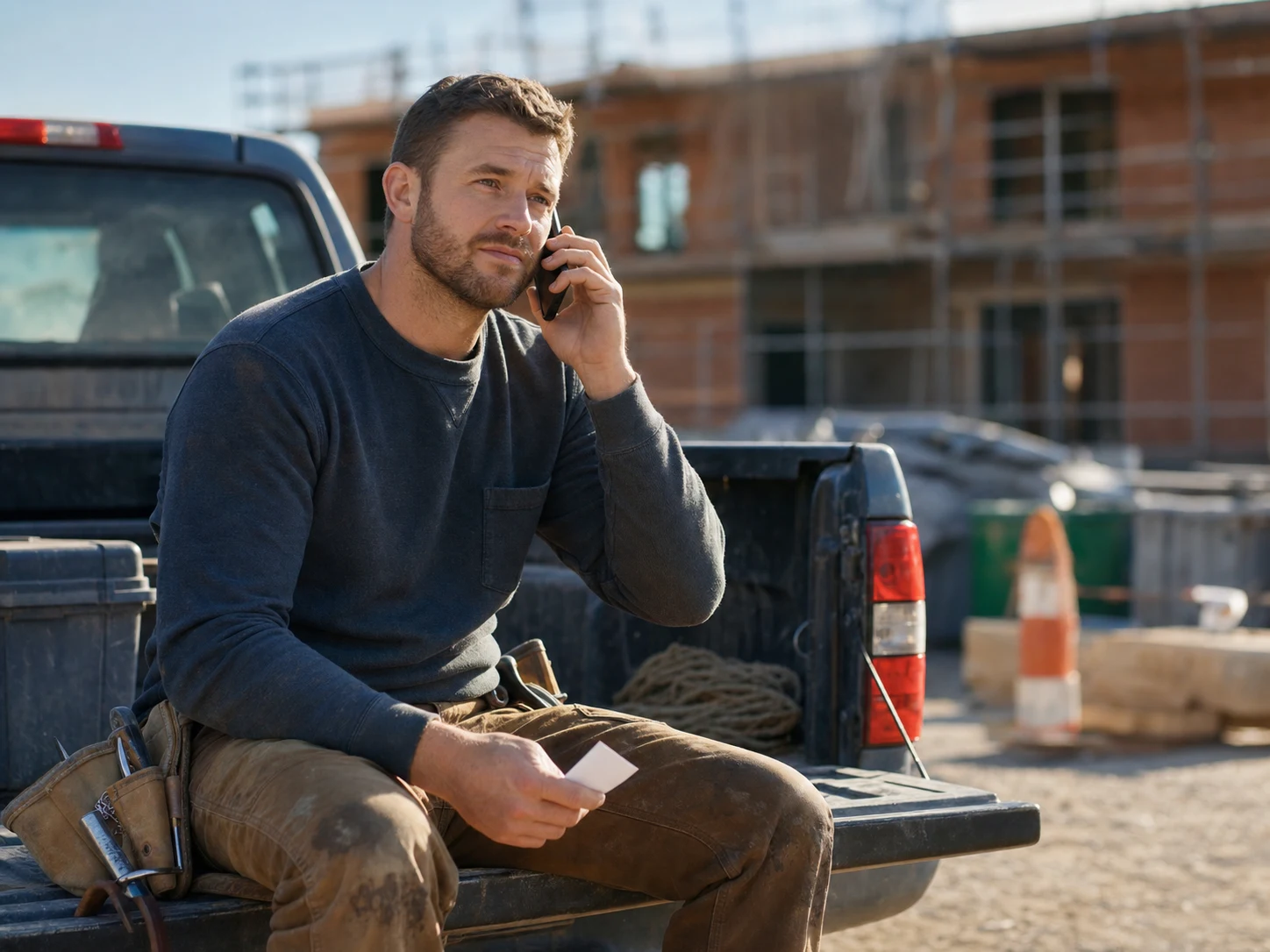 A construction worker making a meaningful phone call during a quiet morning break
