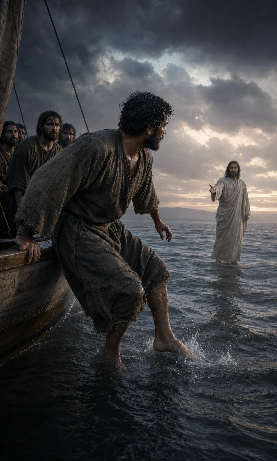 Peter stepping out of a fishing boat toward Jesus on the Sea of Galilee