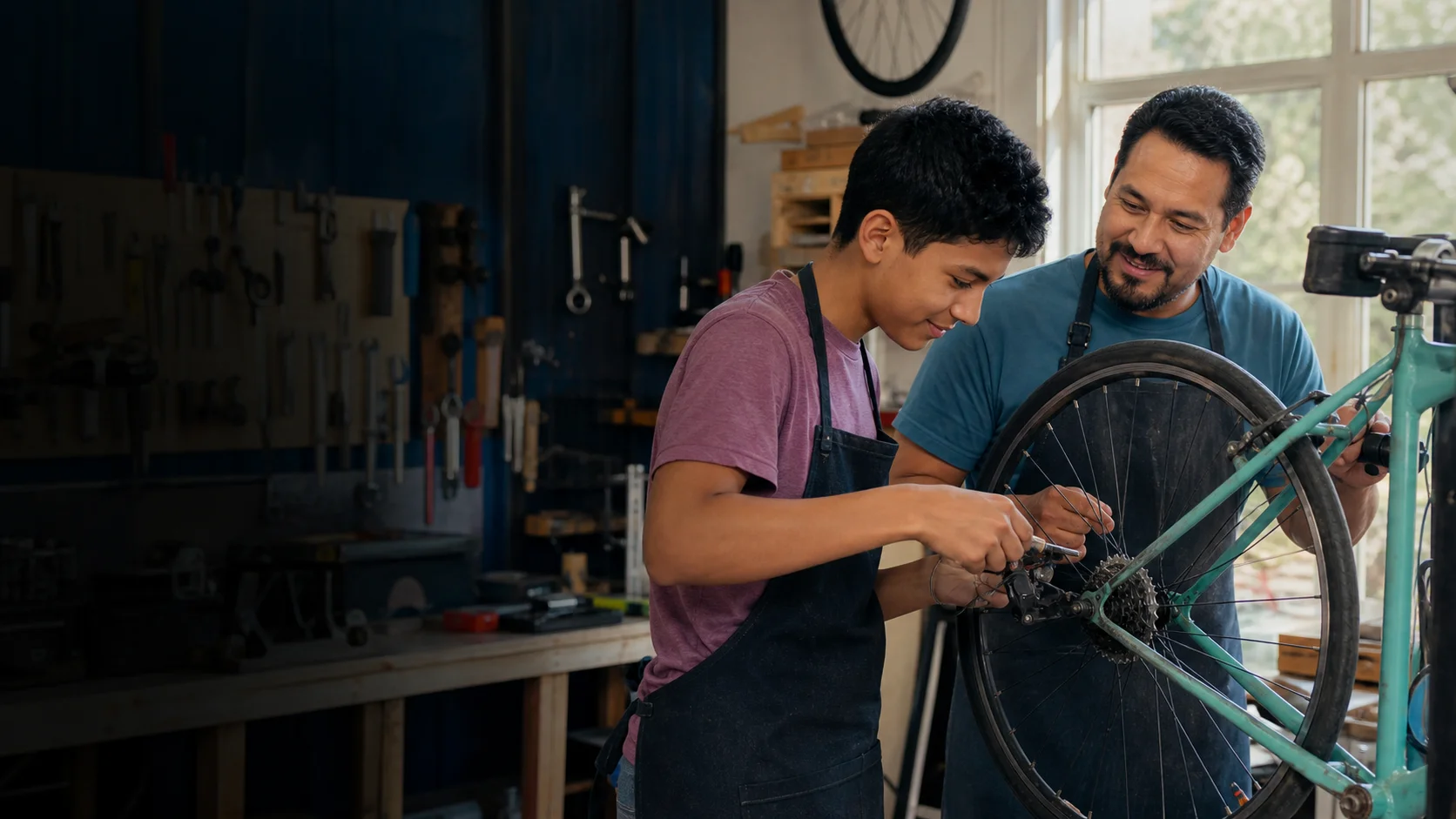 A man helping a teenager discover confidence while repairing a bicycle together