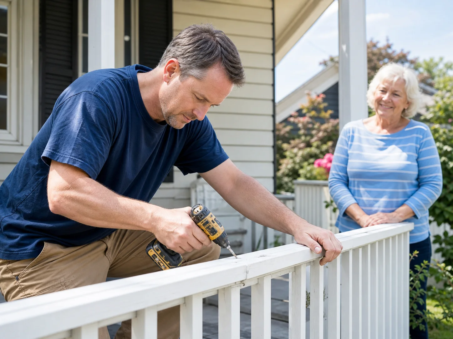 A tradesman using his skills to repair an elderly neighbor’s porch