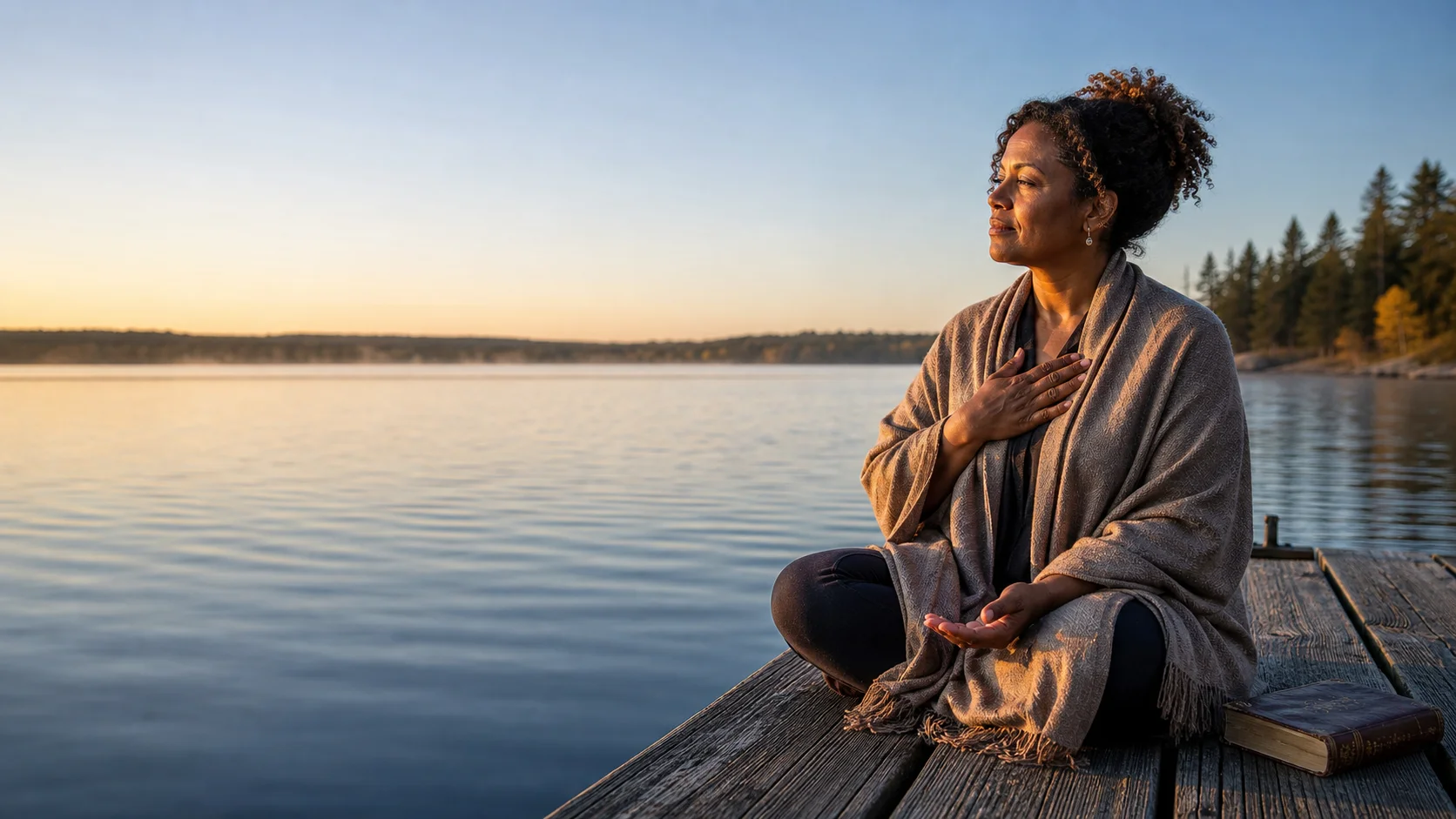 A woman finding a quiet moment of release beside a lake at sunrise