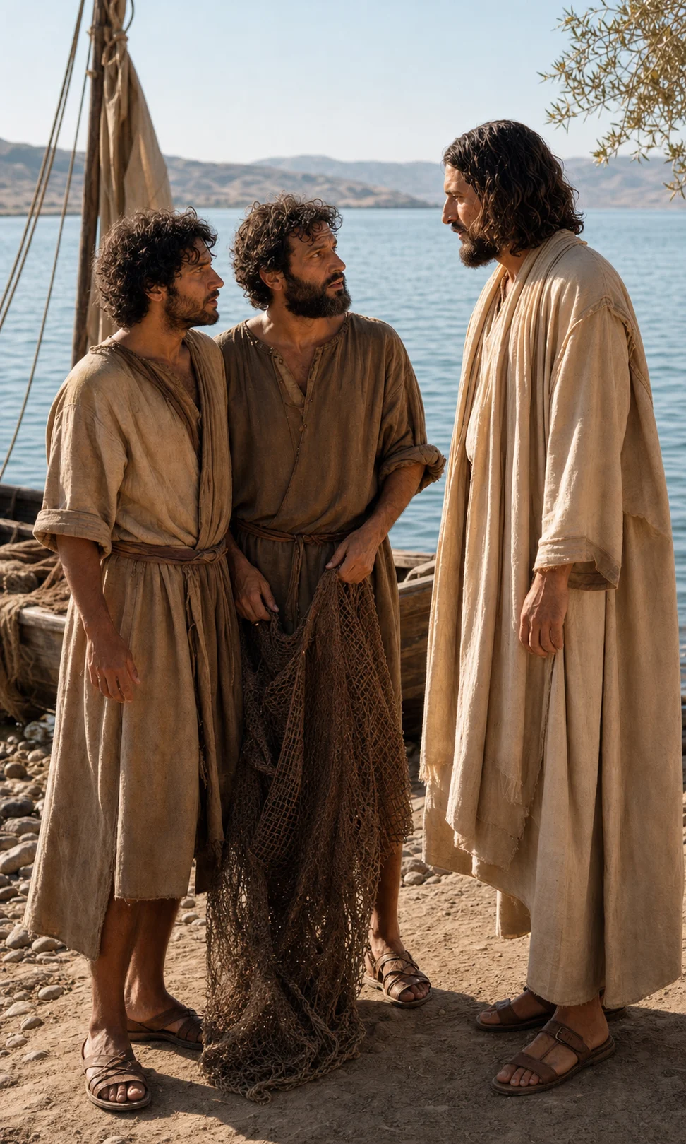 Jesus inviting fishermen to follow Him by the water