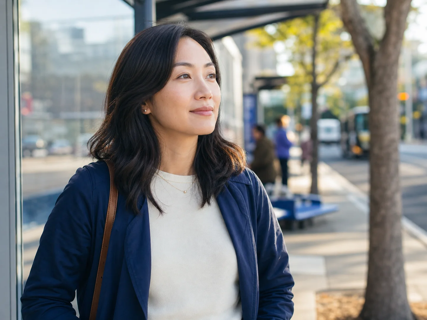 A woman waiting for her morning bus with a peaceful expression