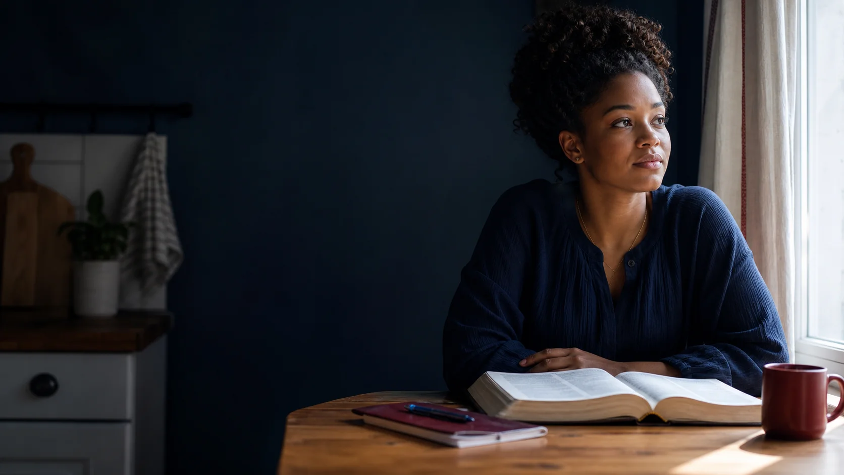 A woman pausing over an open Bible as truth comes into focus