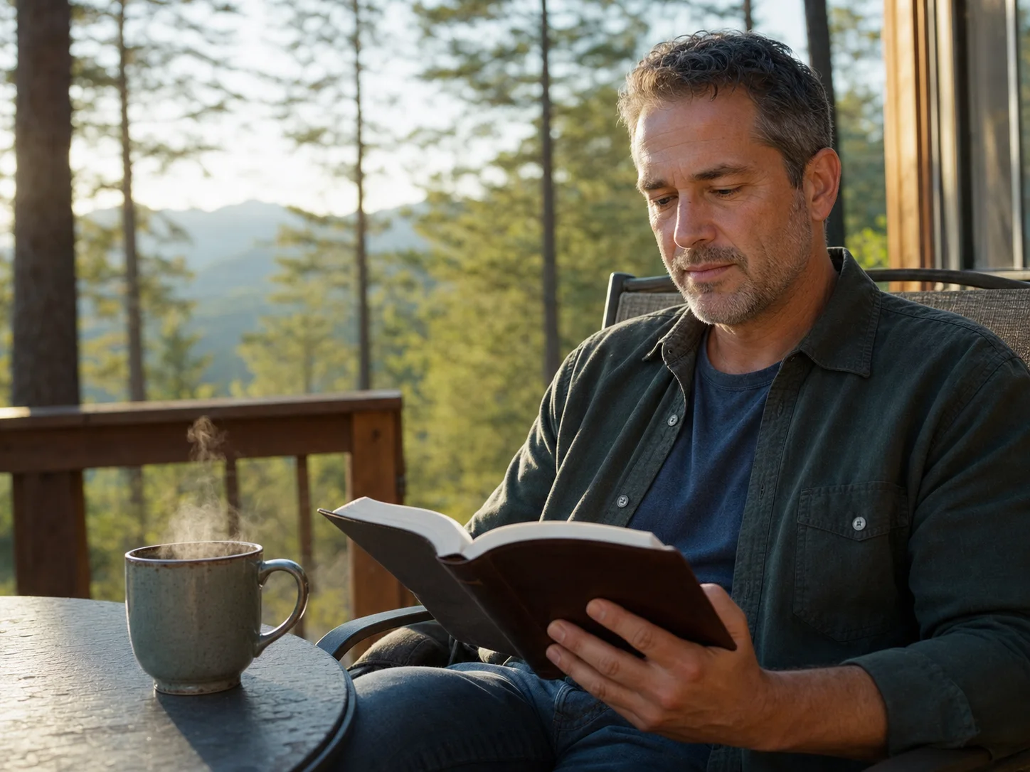 A man reading an open Bible with a warm cup of coffee outdoors