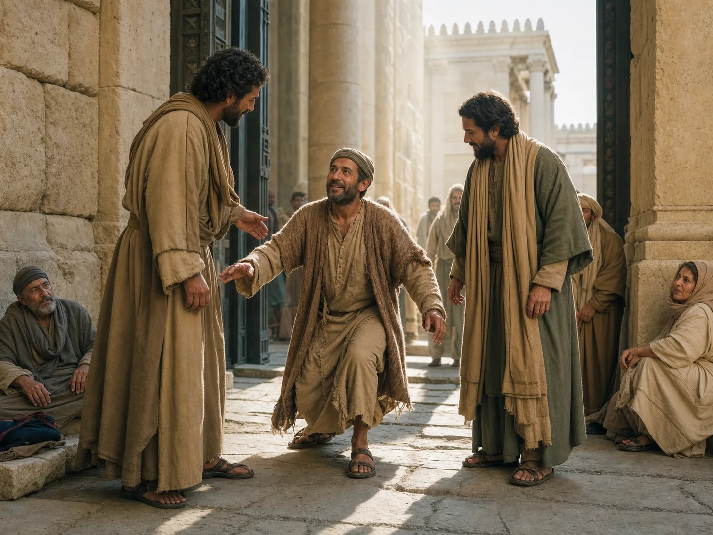 Peter and John helping a man stand near the temple gate in Jerusalem