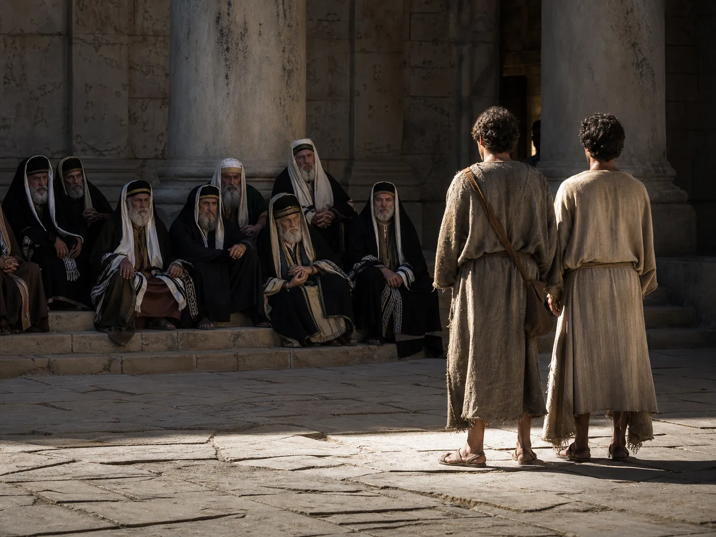 Peter and John standing calmly before the council in Jerusalem