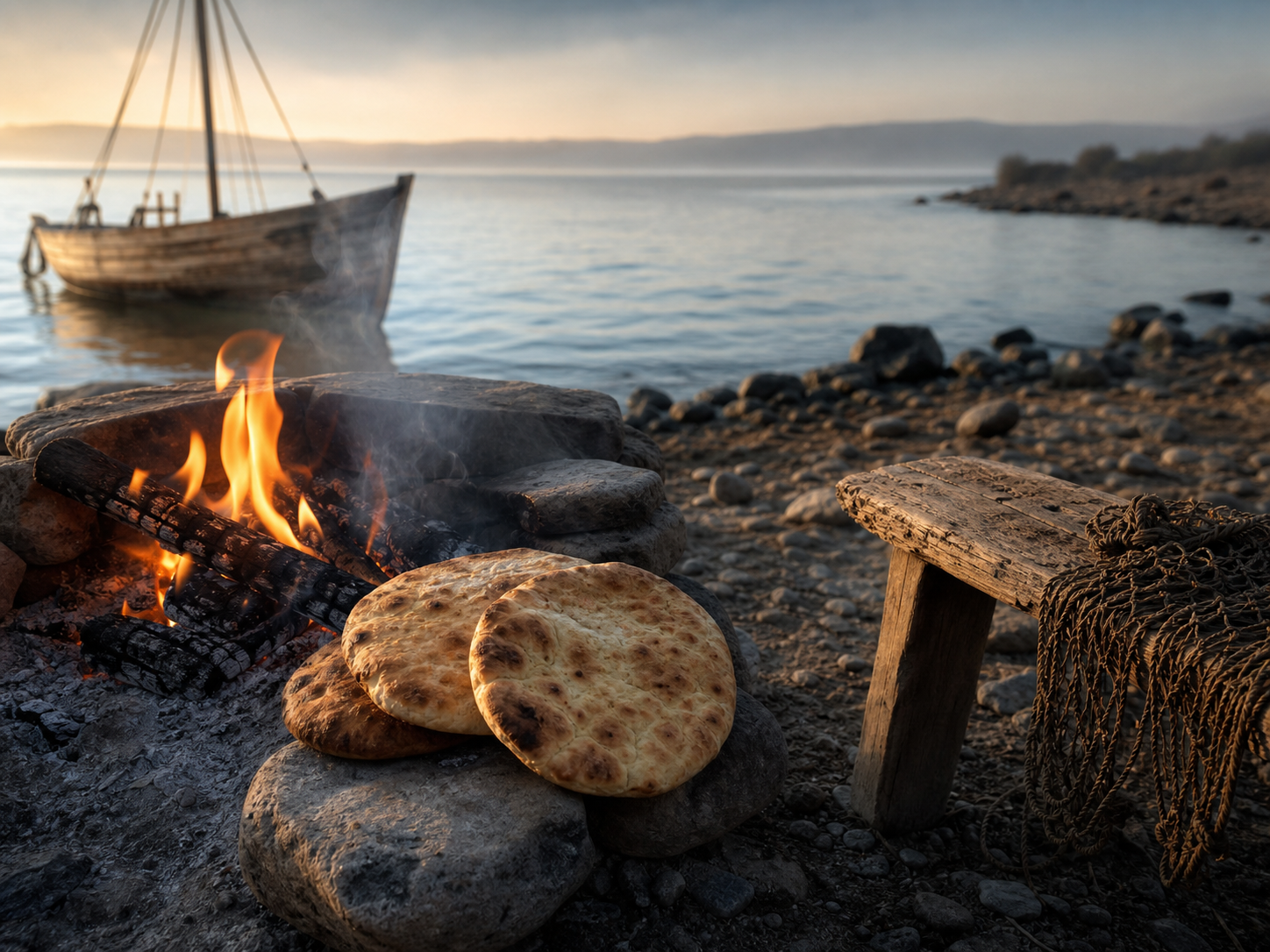 A charcoal fire and bread beside the Sea of Galilee
