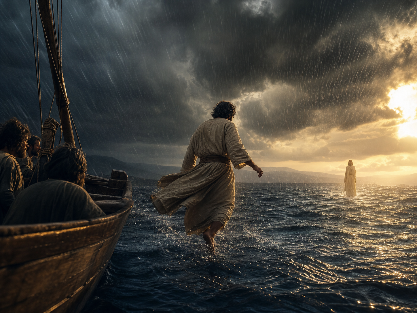 Peter stepping from a fishing boat onto storm-dark water