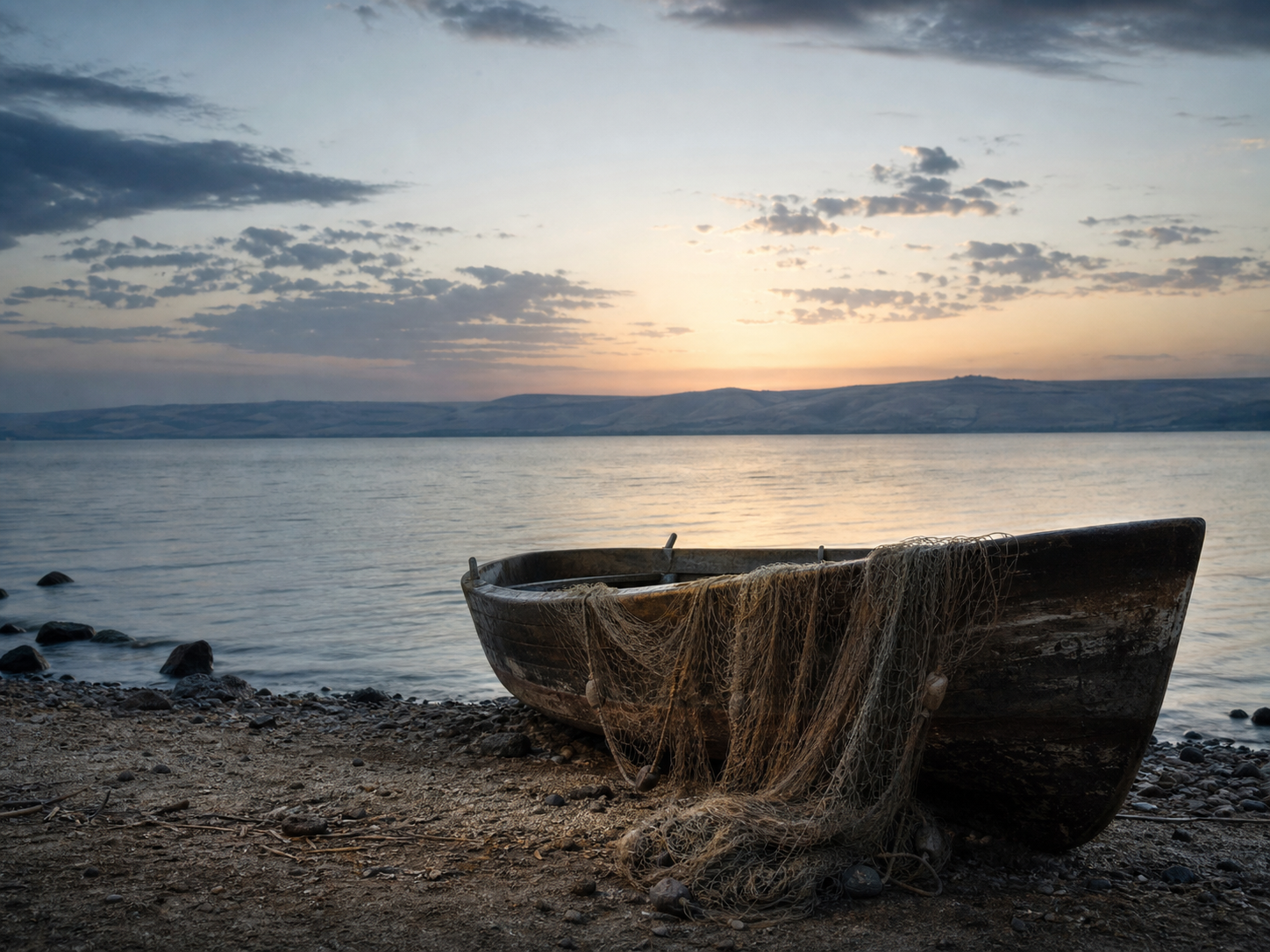 Peter’s fishing boat and empty nets at dawn on the Sea of Galilee