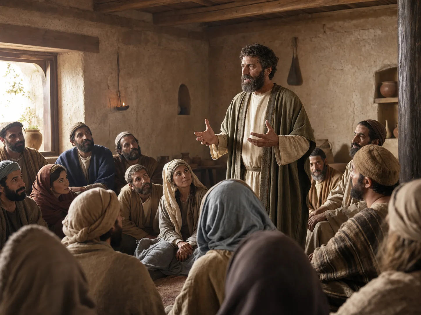 A first-century gathering listening together in a simple Jerusalem room