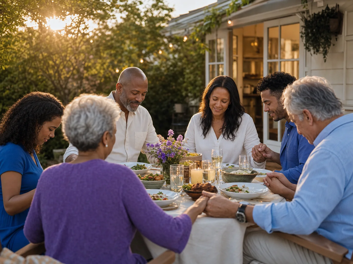 A multigenerational community pausing in gratitude around a shared table