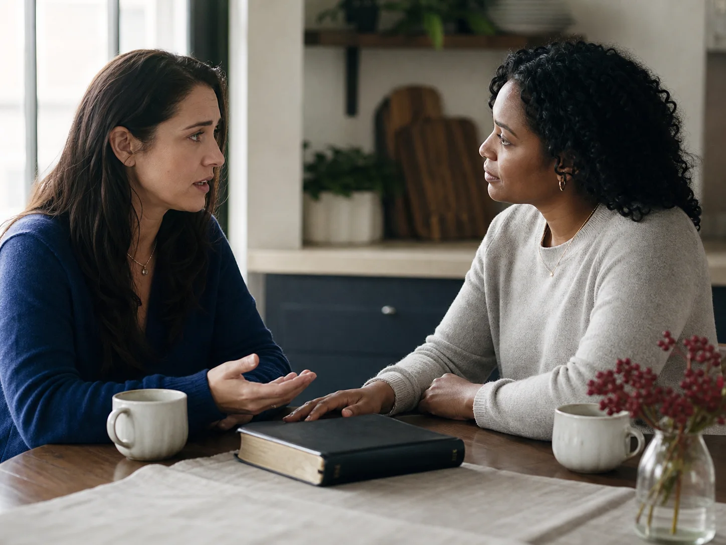 Two friends sharing an honest conversation in the presence of mercy