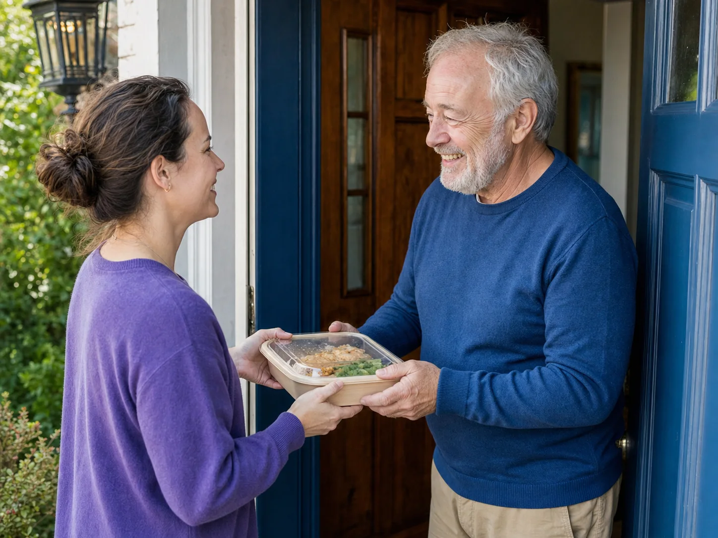 A woman carrying a prepared meal to an older neighbor