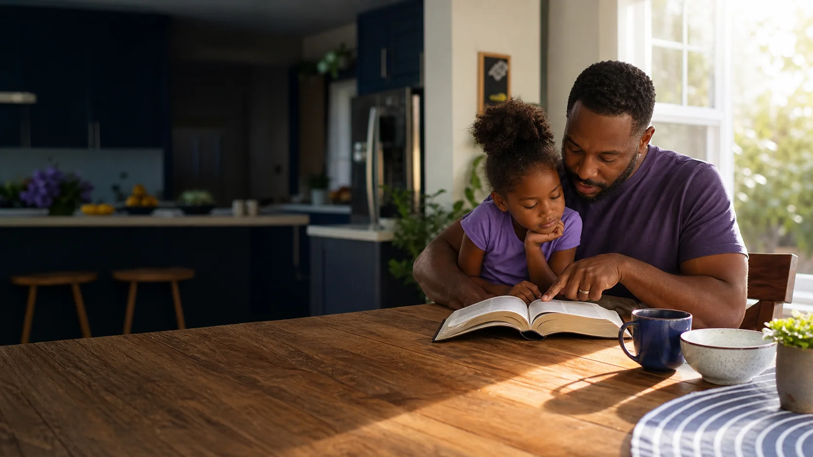 A father sharing Scripture with his daughter in the morning