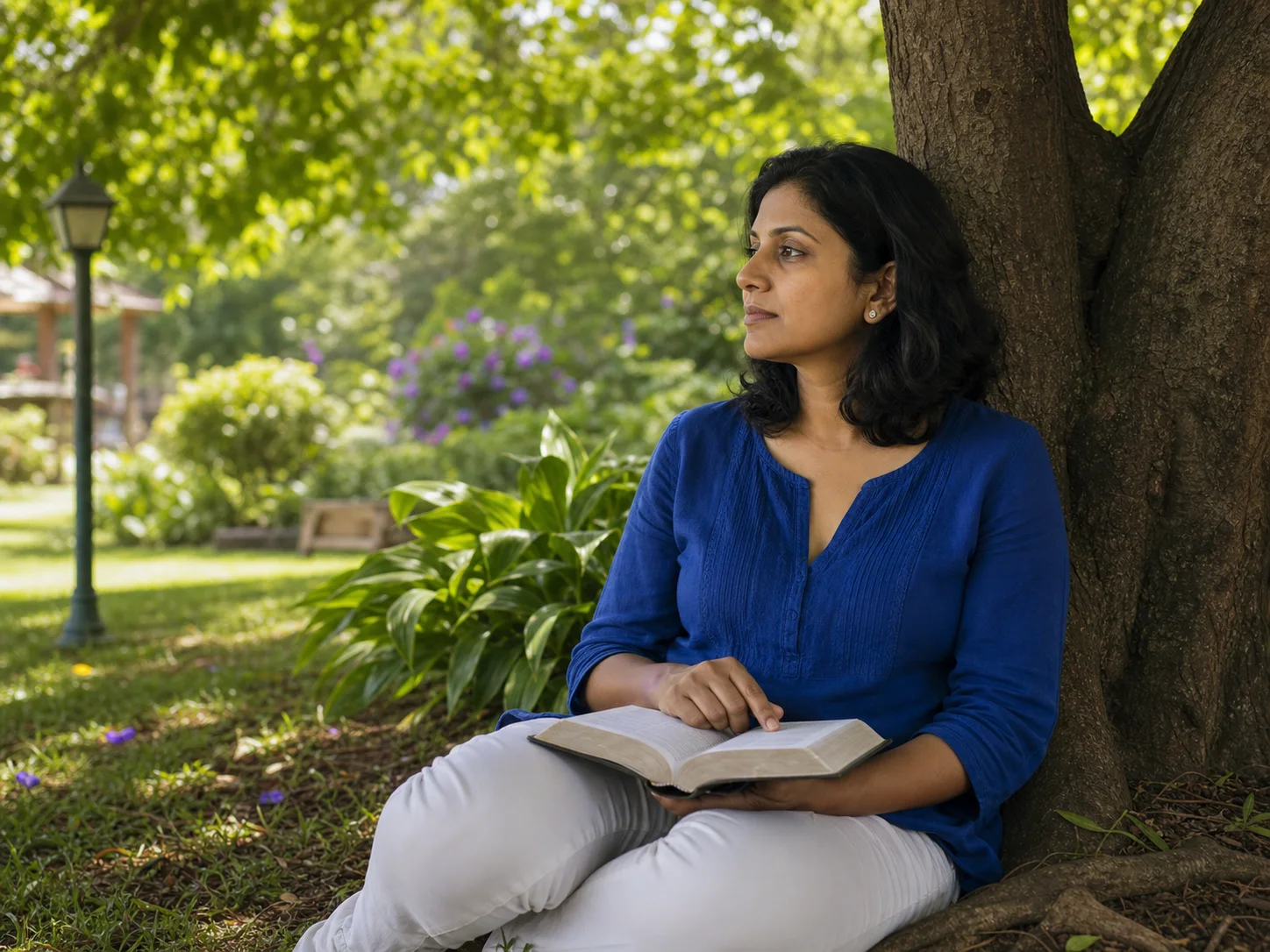 A woman lingering with Scripture beneath a shade tree