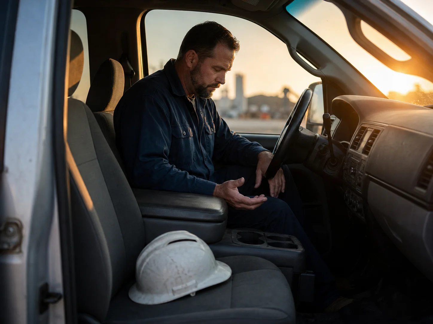 A worker praying quietly in his parked truck before the day begins