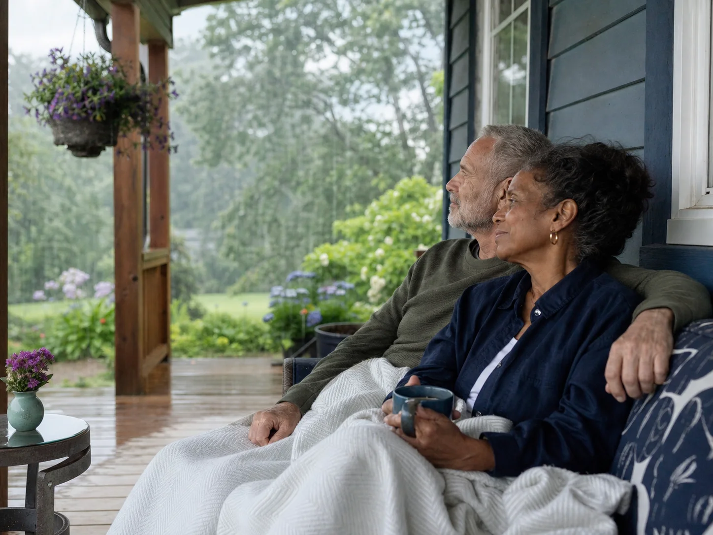 A couple resting together on a covered porch during gentle rain