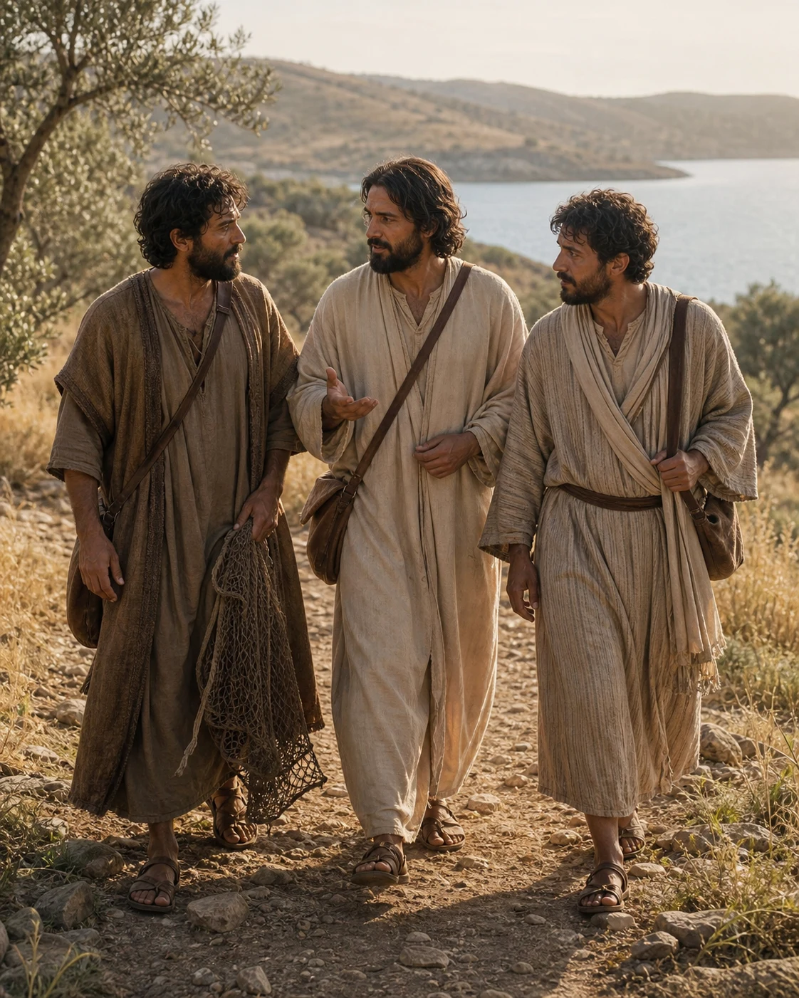 Jesus walking with Peter and John along a Galilean path as they learn from Him