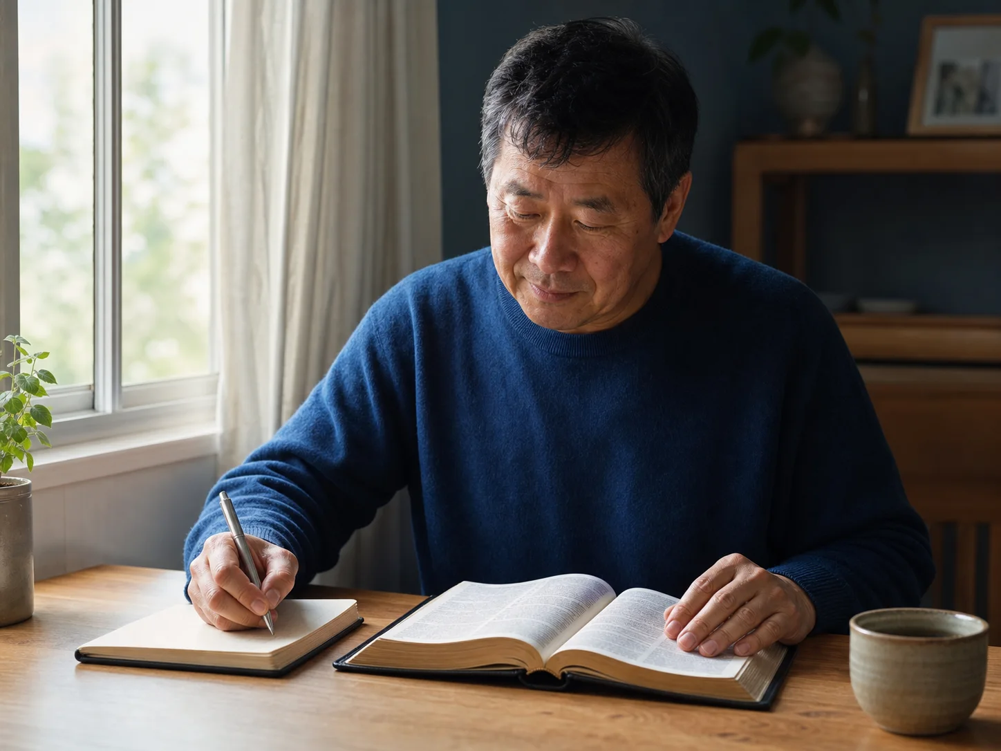 A man slowly reading Scripture and writing in a notebook