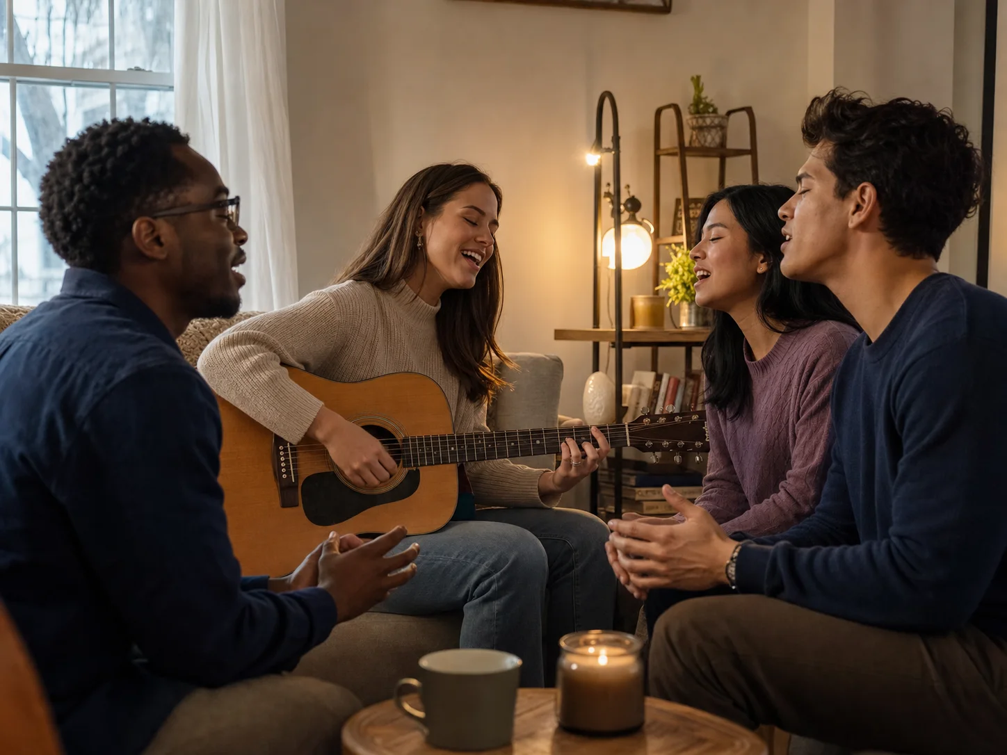 Friends worshiping together with an acoustic guitar at home
